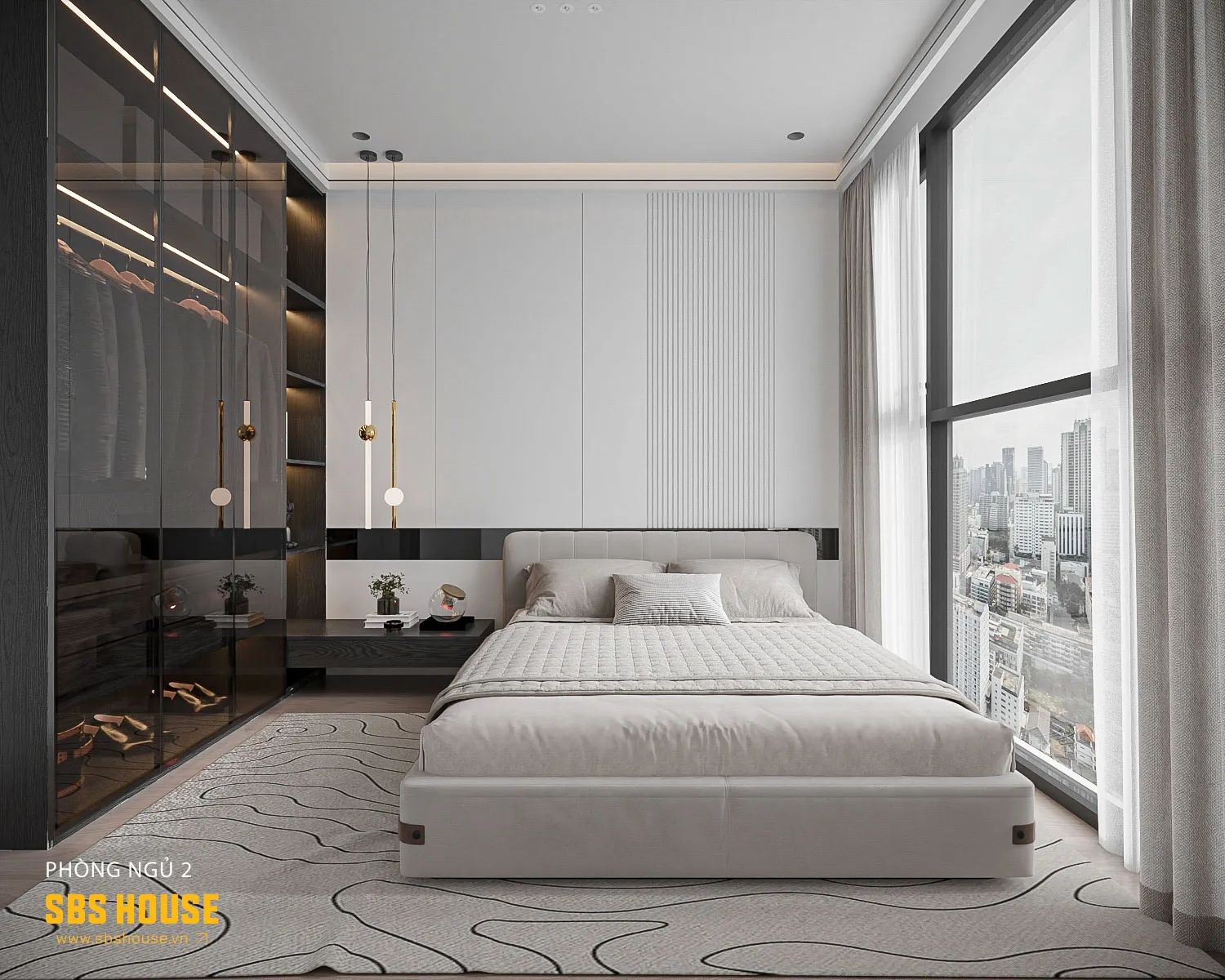 Phòng ngủ 2 tiếp tục được thiết kế với phong cách hiện đại, đồng nhất trong toàn bộ tổng thể. Nội thất với các đường bo cong mềm mại ở giường, đầu gường, tạo sự mềm mại cân bằng cho cả căn phòng