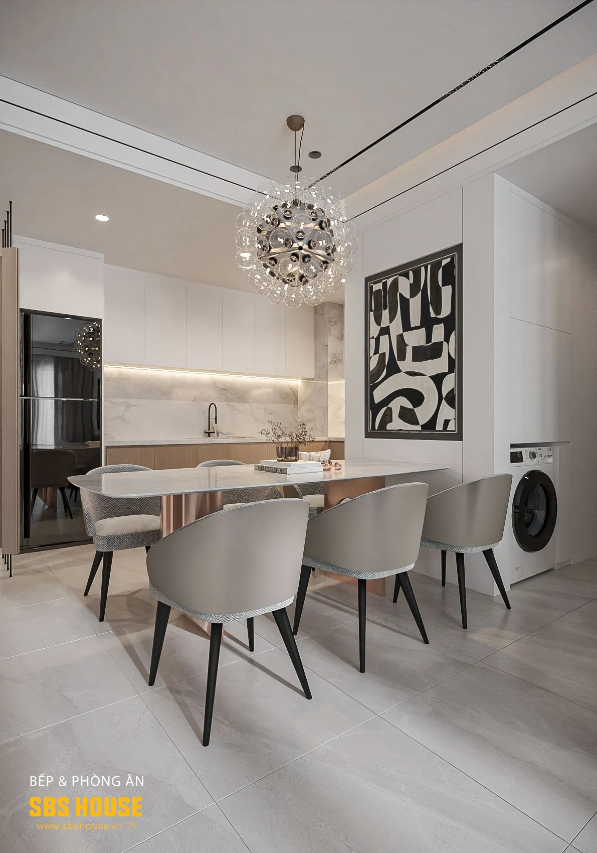 Đèn chùm và tranh trang trí nghệ thuật là điểm nhấn đặc sắc mang đến cho không gian thêm phần ấn tượng