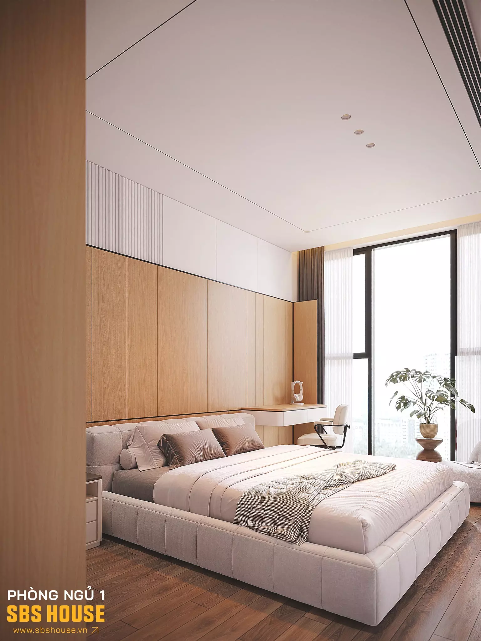 Phòng ngủ của căn hộ bố trí nội thất tối giản, hiện đại và tiện nghi 