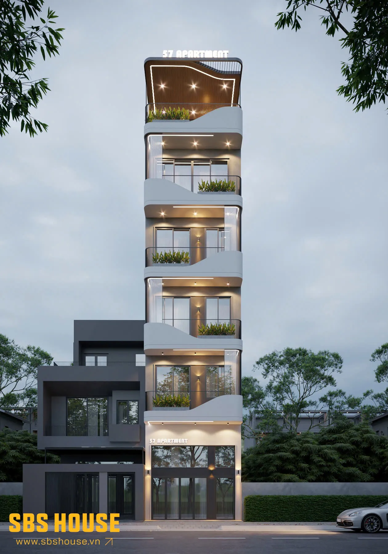 SBS HOUSE ứng dụng thiết kế công trình này với ngôn ngữ hình khối mạnh mẽ nhưng vẫn gợi cảm giác thoáng đạt