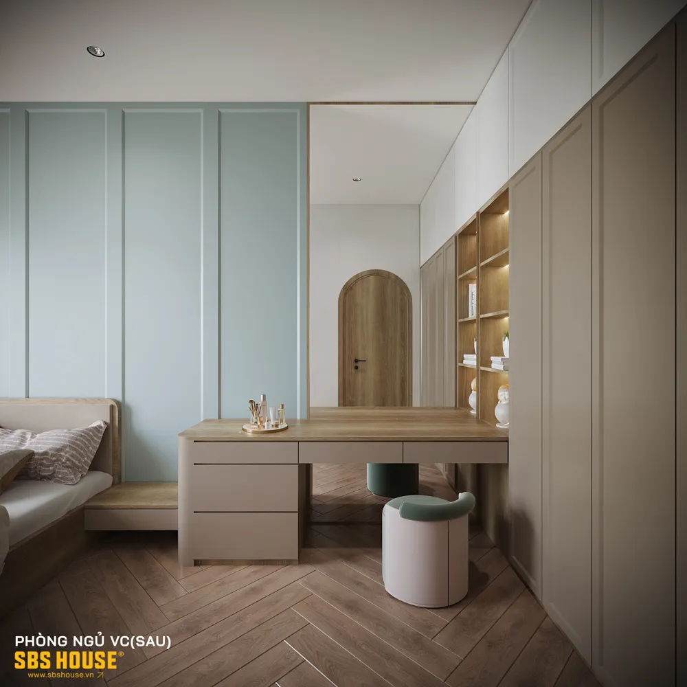 Phòng ngủ tươi sáng, điểm nhấn nhẹ nhàng với màu xanh pastel