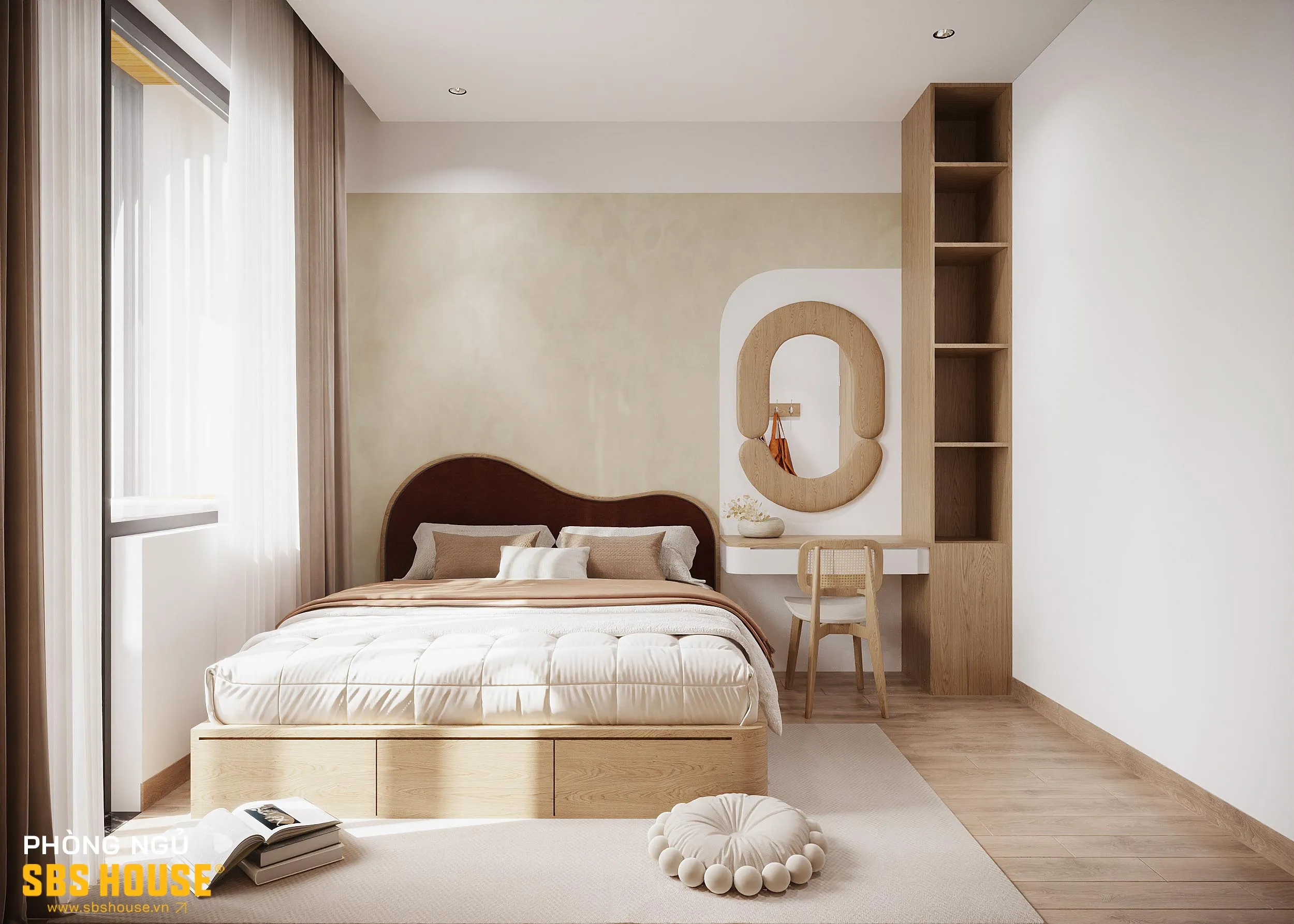 Phòng ngủ với tone màu trắng - be làm chủ đạo, vừa nhã nhặn vừa hiện đại. Kết hợp cùng nội thất gỗ tạo ảm giác ấm cúng hơn cho không gian riêng tư này