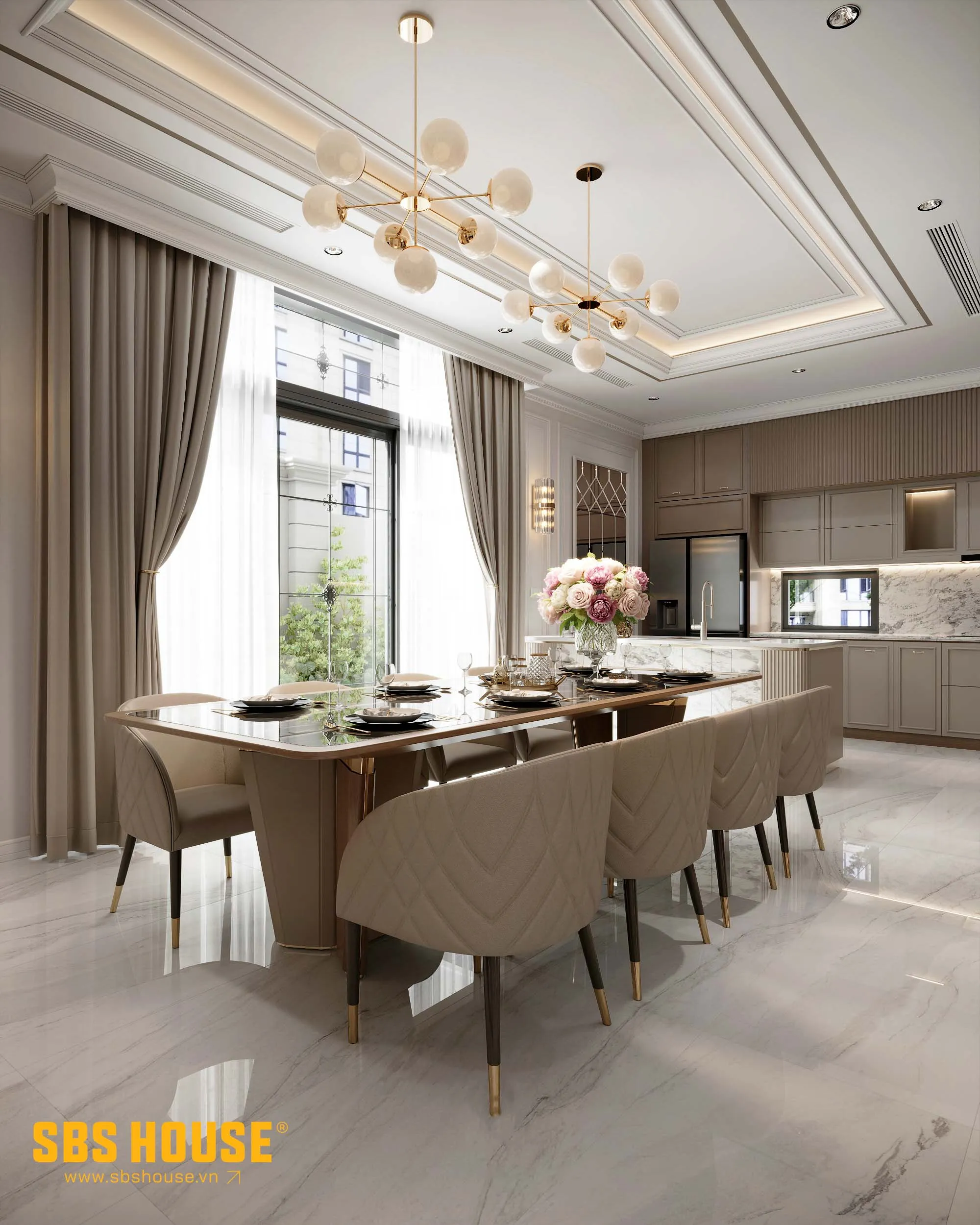 Phòng ăn nối liền bếp – thiết kế mở, gam màu sáng cùng ánh sáng tự nhiên giúp bữa cơm thêm trọn vẹn, gắn kết tình cảm gia đình