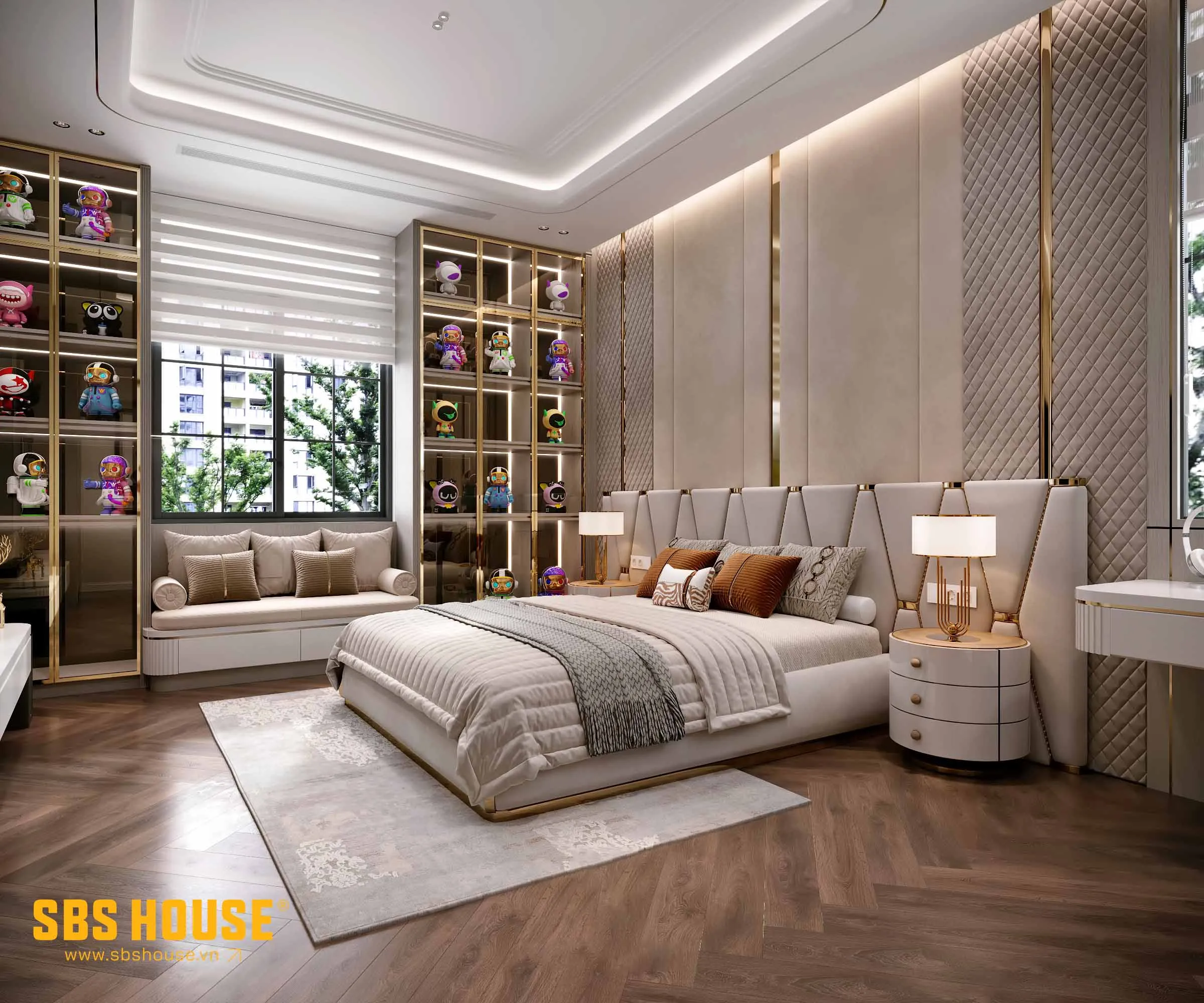 Phòng ngủ với các kệ tủ trưng bày gọn gàng, tạo điểm nhấn trong không gian riêng tư