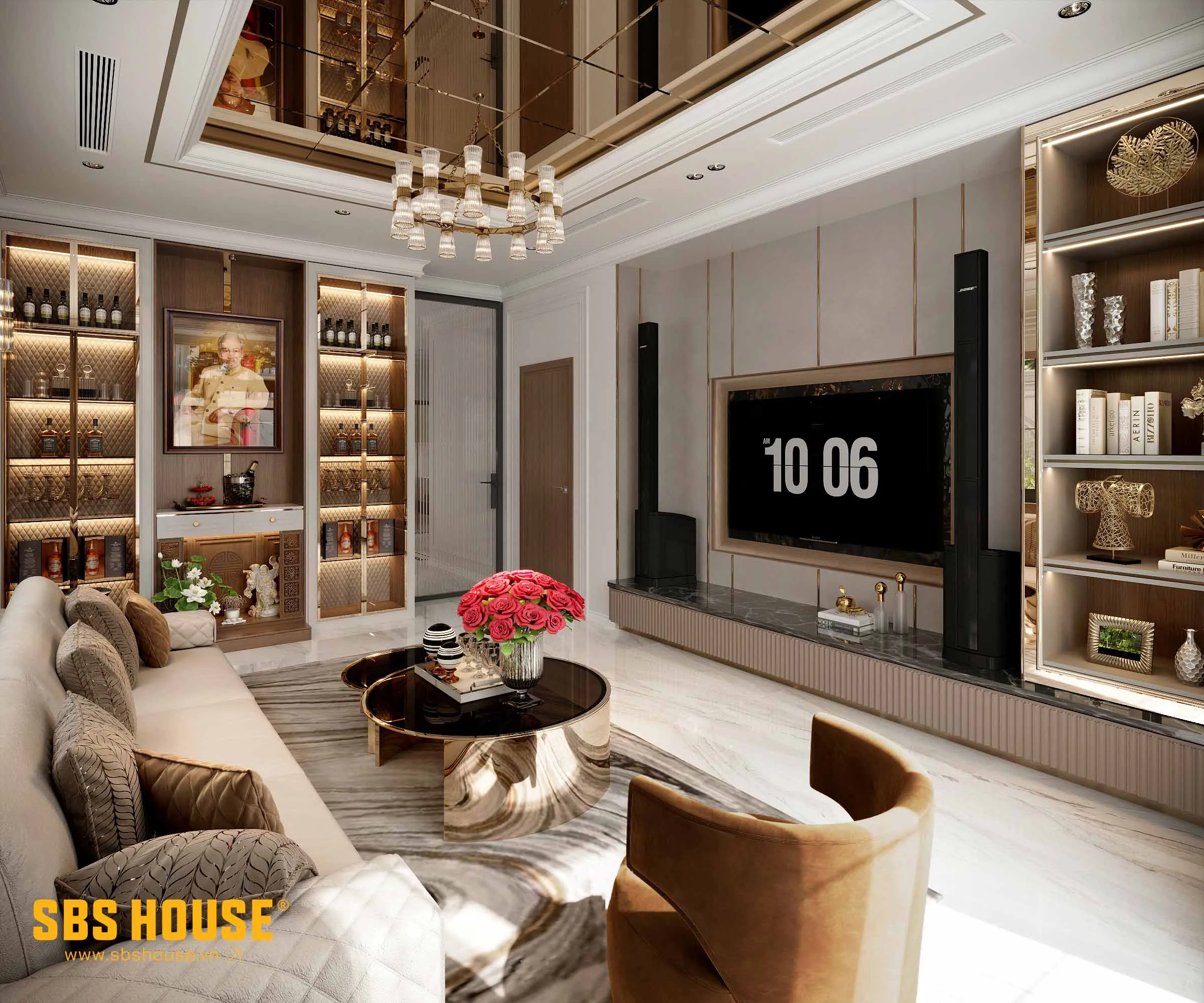 Mẫu tủ phòng khách phong cách tân cổ điển