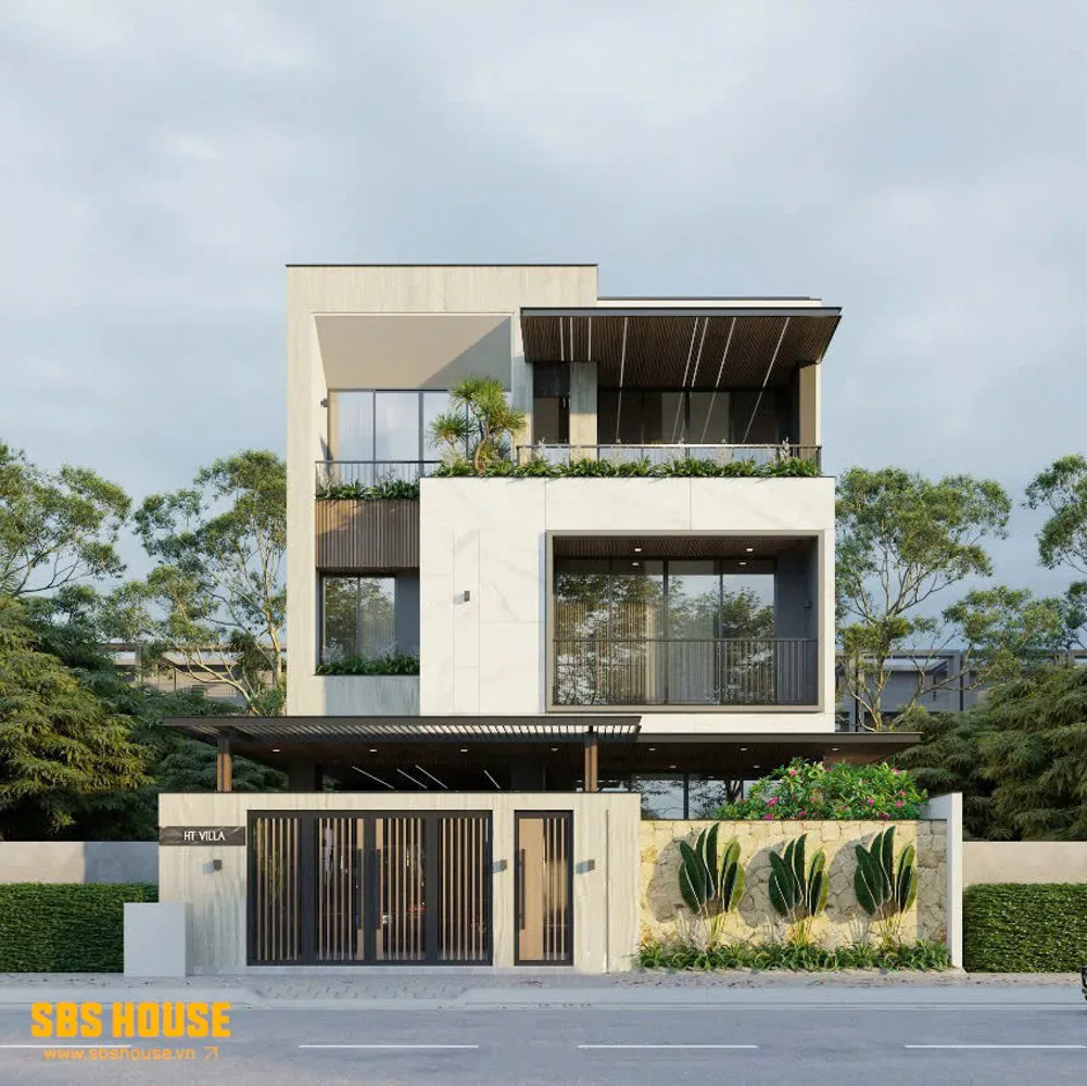 Mặt tiền H’s Villa là sự hòa quyện giữa hiện đại và thiên nhiên.