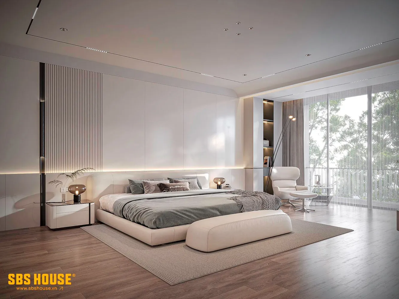 Không gian nội thất hiện đại với tông màu trung tính và ánh sáng tự nhiên tràn ngập.