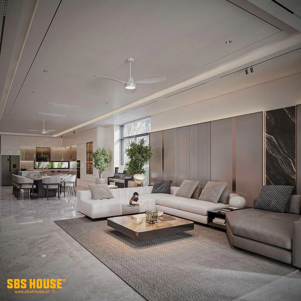 Thiết kế phòng khách liền bếp 20m2 dành cho biệt thự