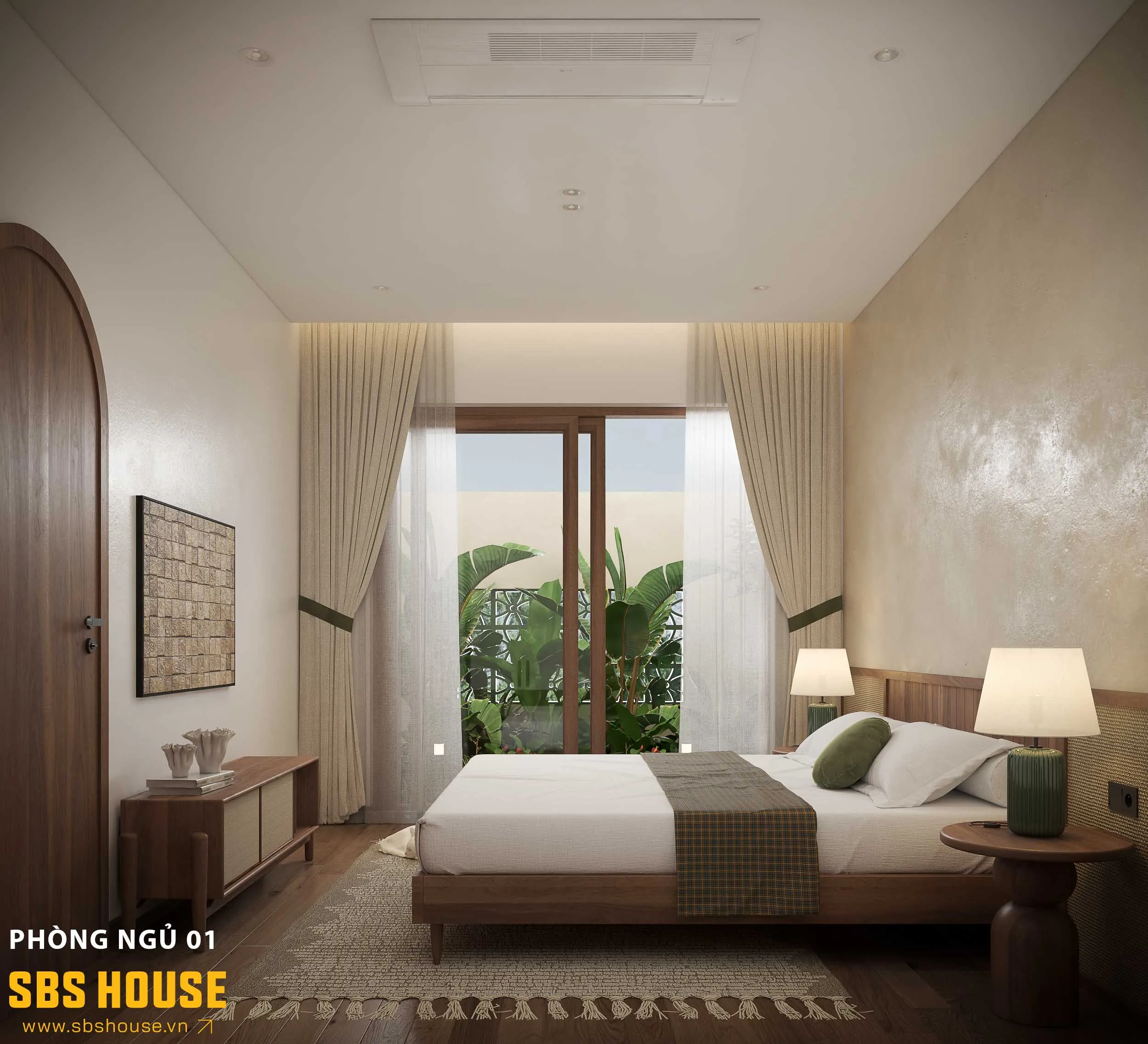 Phòng ngủ cho ông bà đặt tại tầng một với không gian rộng mở, gần gũi thiên nhiên và nội thất gỗ, thô mộc gần gũi.