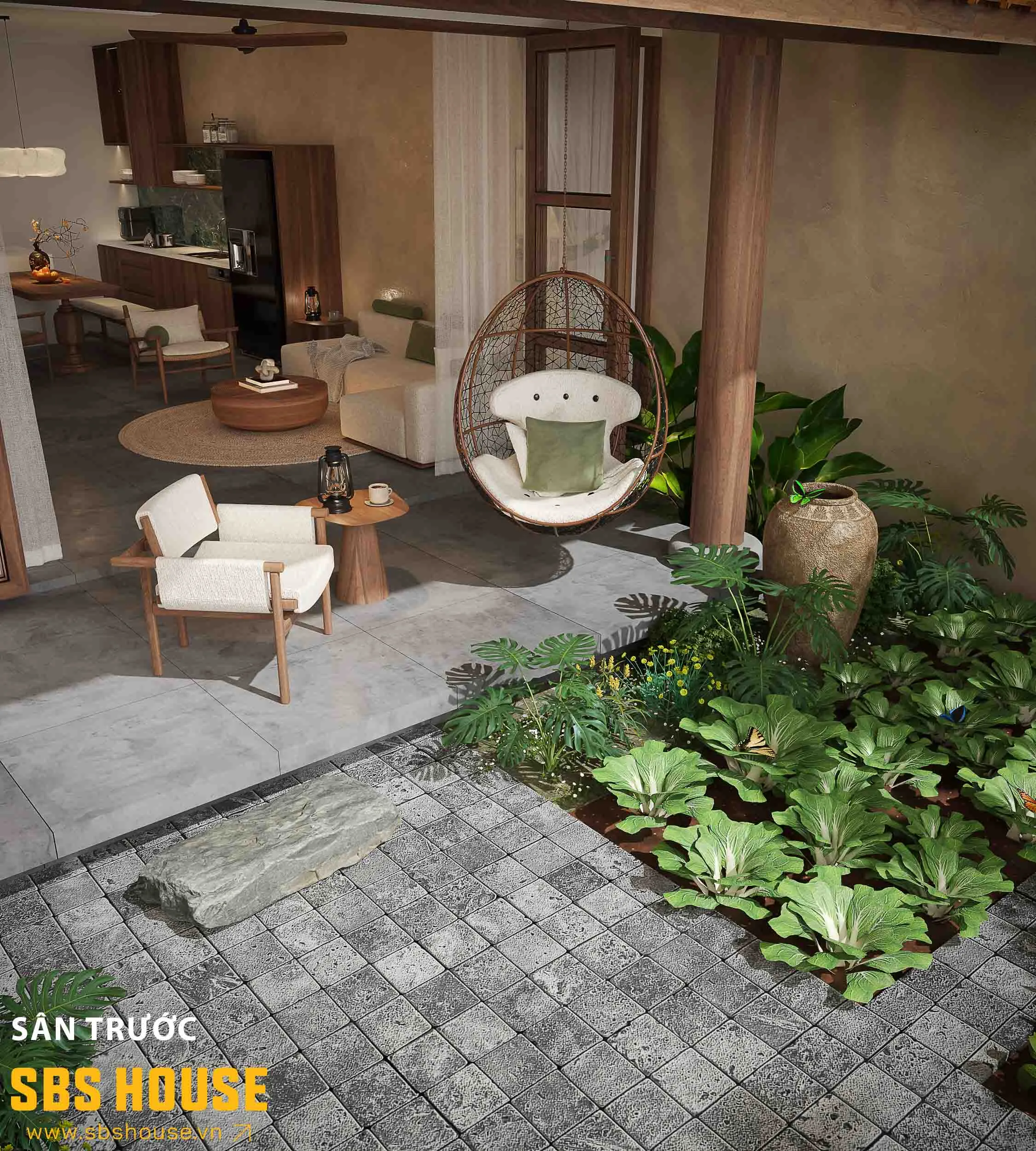 Những vật dụng cũng được kết hợp đưa vào trong không gian như: chiếc lu, đèn dầu được khéo léo đưa vào tăng thêm tính gần gũi và kết nối với quê nhà.