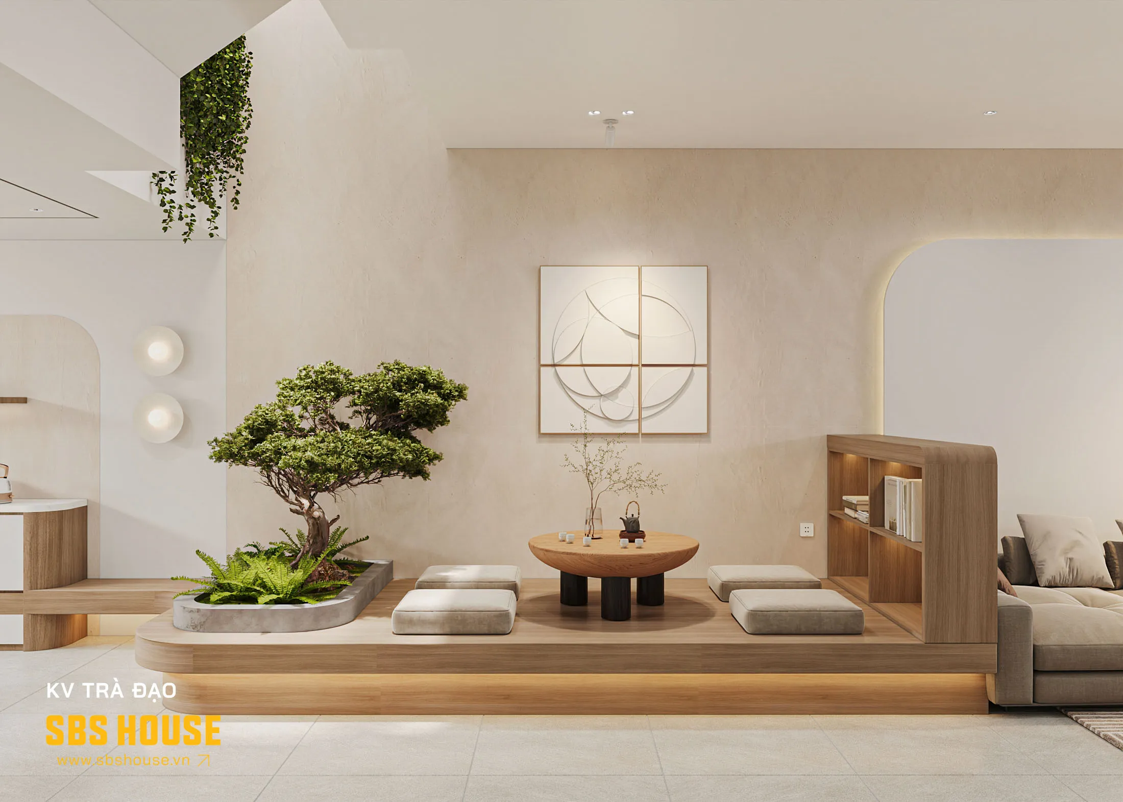 Ánh sáng tự nhiên chiếu qua ô thông tầng, lan tỏa dịu nhẹ vào khu vực trà đạo.