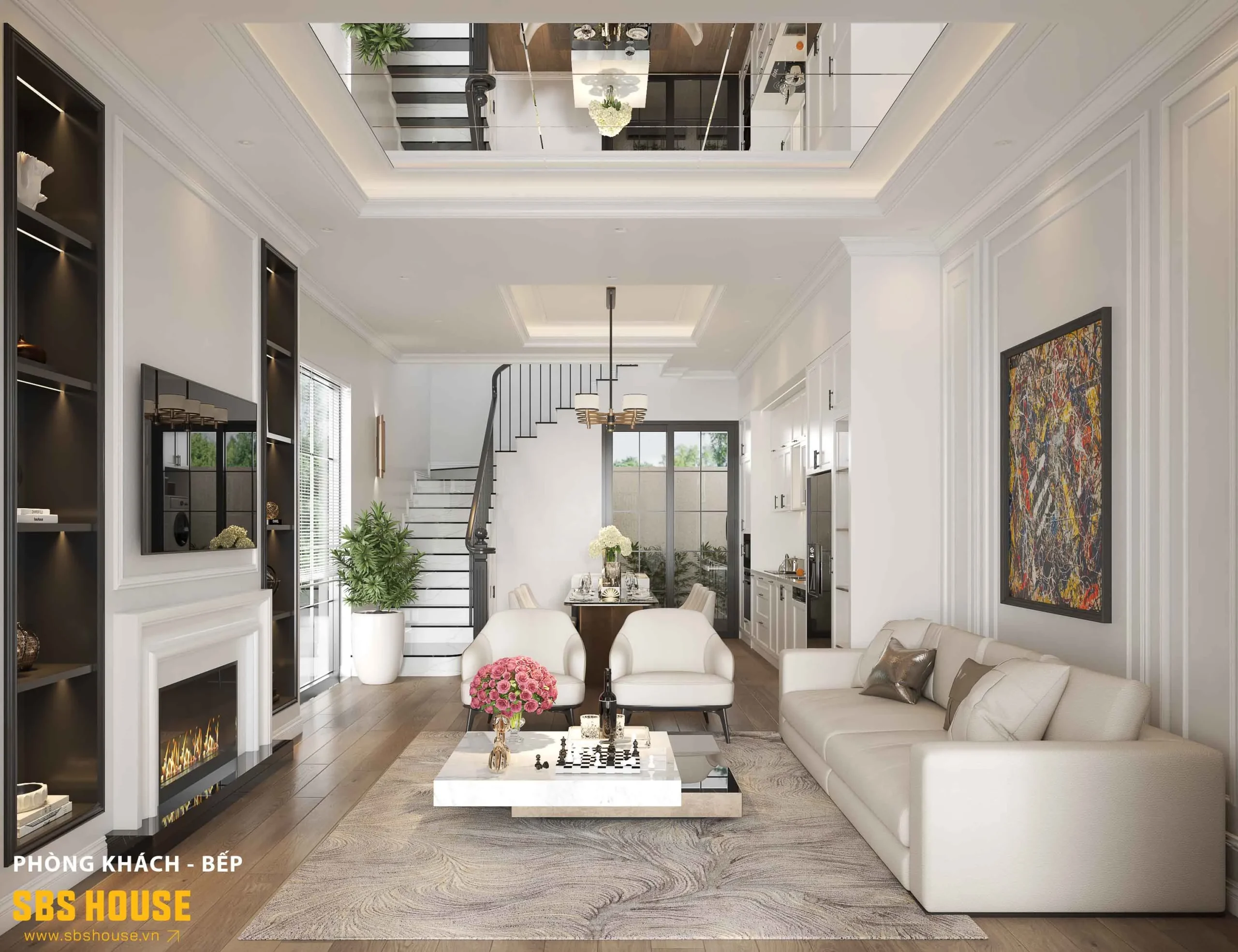 Mẫu phòng khách nhà ống 5m có cầu thang phong cách tân cổ điển