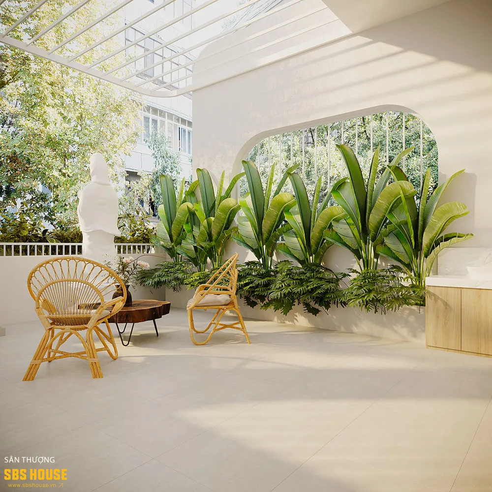 Mảng xanh điểm xuyết ở ban công giúp mặt tiền luôn tươi mát, mềm mại và gần gũi.