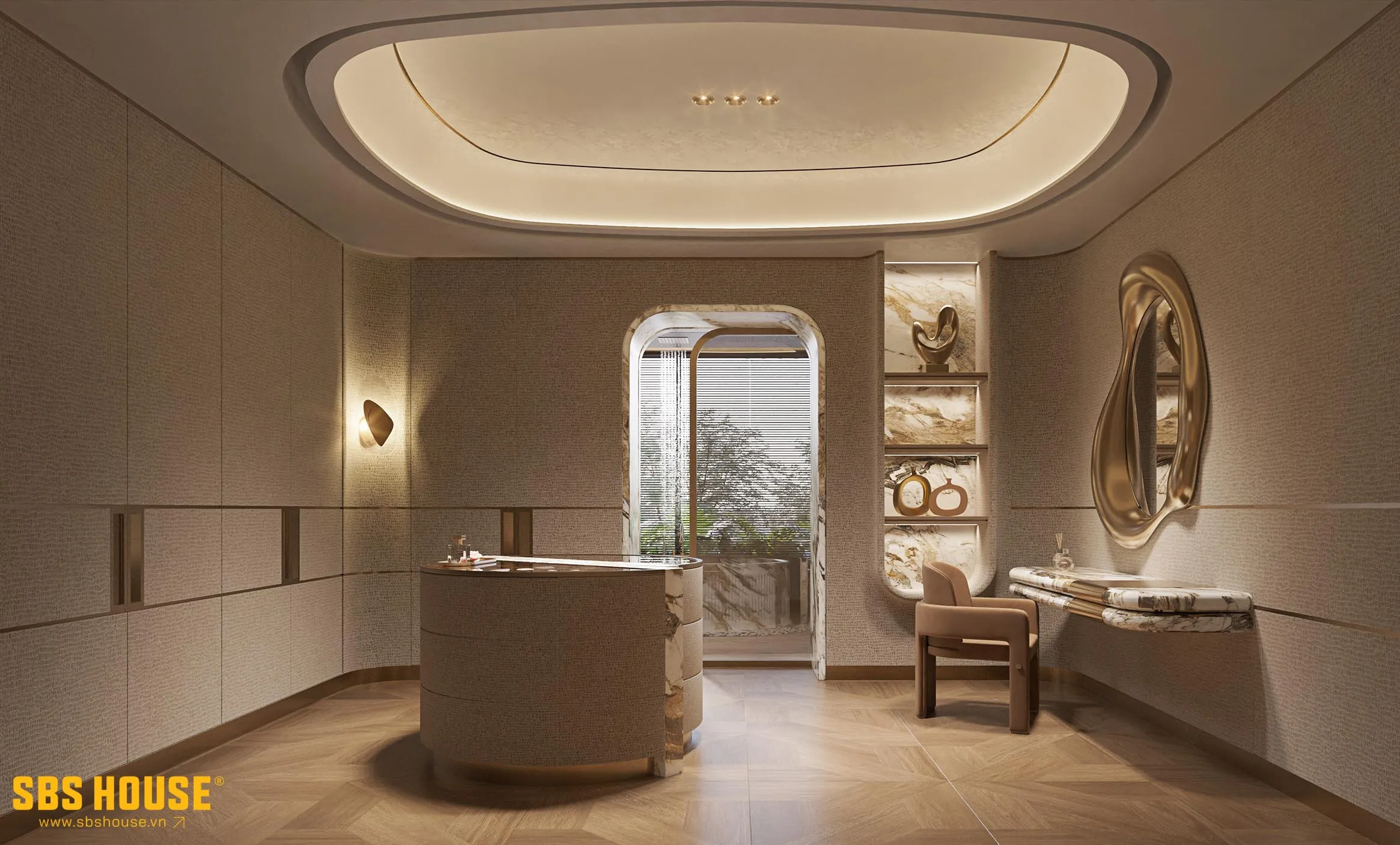 Các vật liệu được tiết chế theo tỷ lệ hợp lý để không gian có điểm nhấn nhưng không rối.