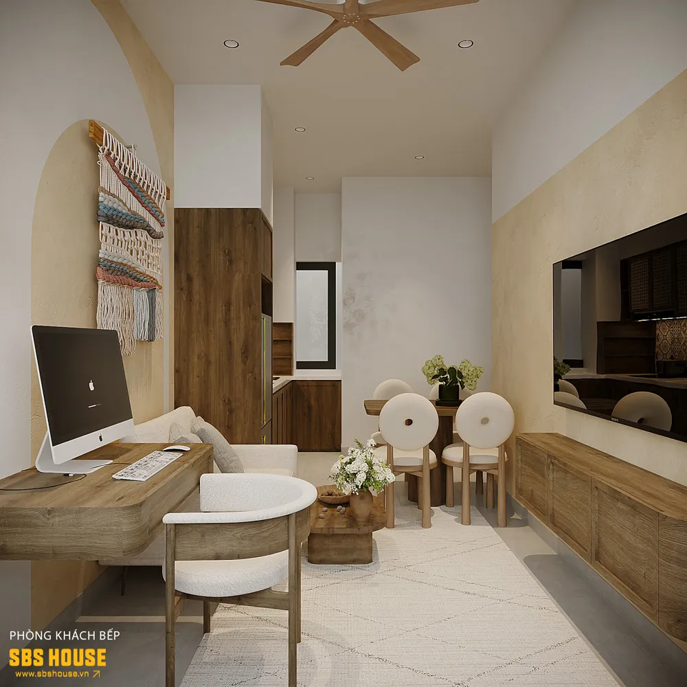 Bếp, khu sinh hoạt và không gian nghỉ ngơi được tổ chức liền mạch, tạo nên dòng chảy sinh hoạt rõ ràng và thuận tiện.