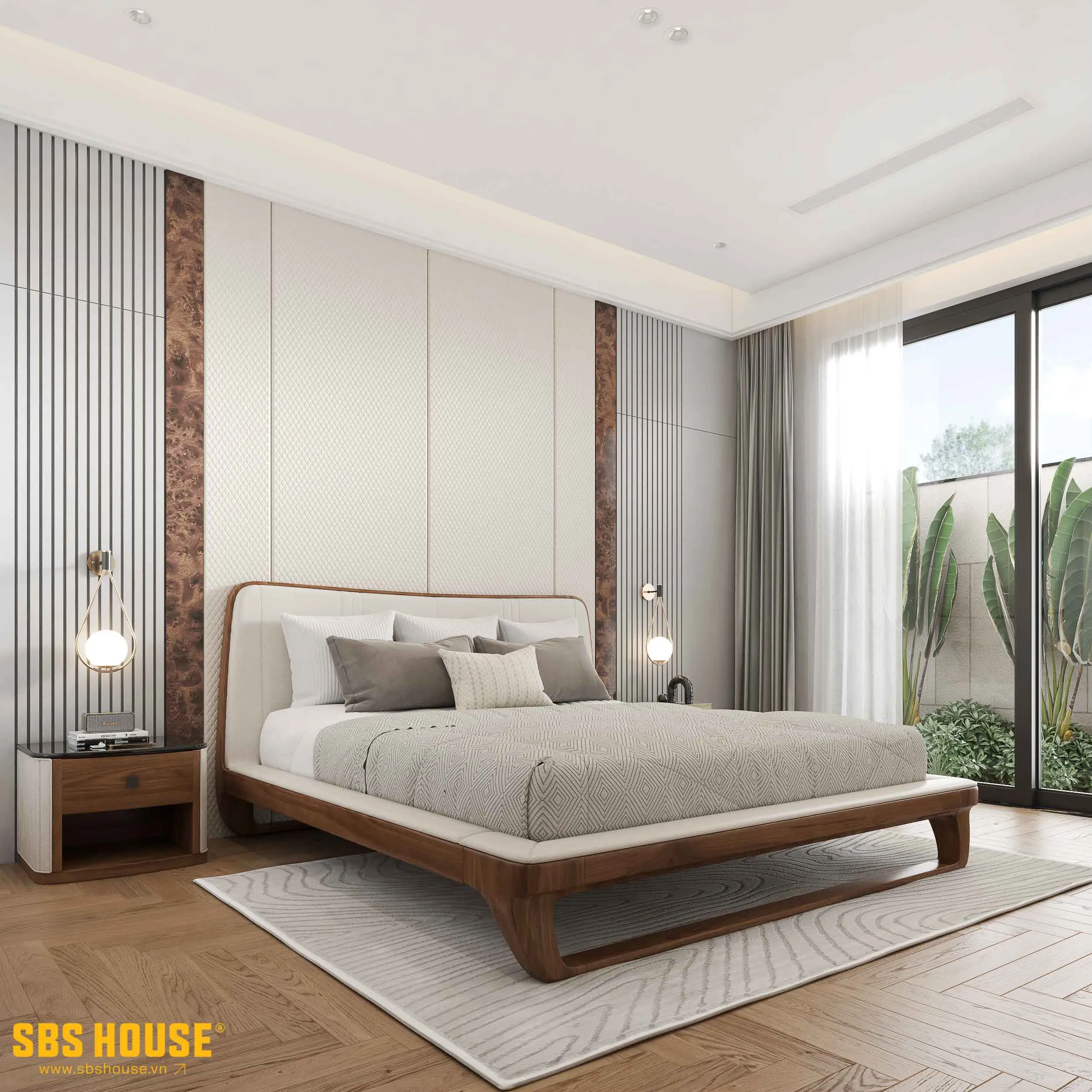 Không gian phòng ngủ cũng cân đối với các đường bo cong trong nội thất hài hòa trong kiến trúc khối hiện đại.