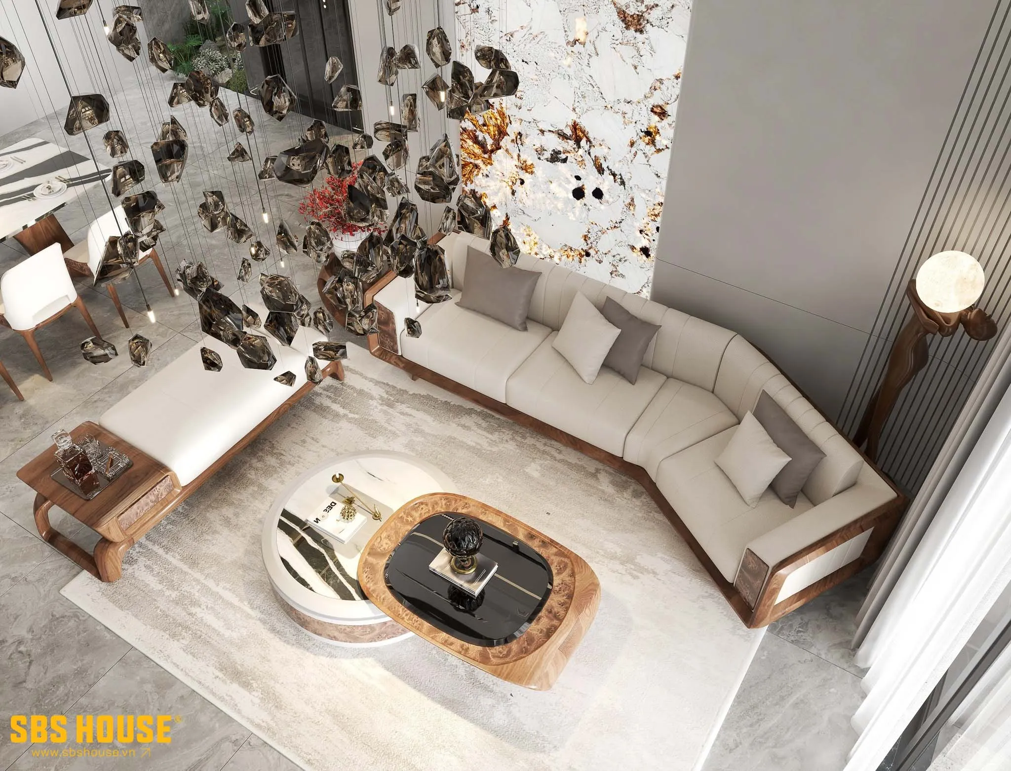 Gỗ tự nhiên kết hợp cùng sofa tông trung tính giữ cho tổng thể không gian sự nhẹ nhàng, ấm áp và dễ chịu trong sinh hoạt hàng ngày.