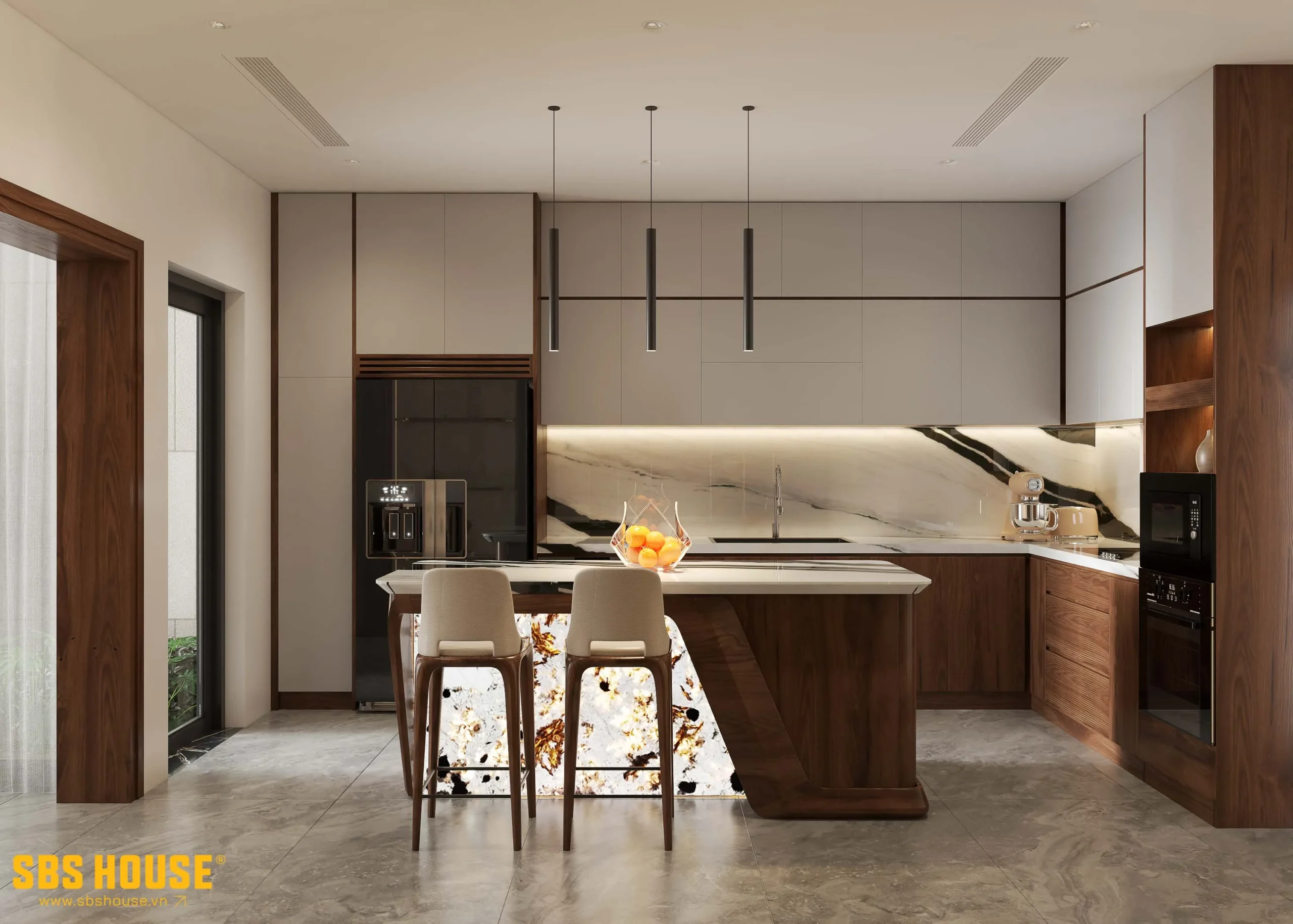 Sự cân bằng giữa vật liệu, ánh sáng và hình khối giúp không gian vừa đủ sang trọng, vừa đủ ấm áp cho sinh hoạt gia đình.